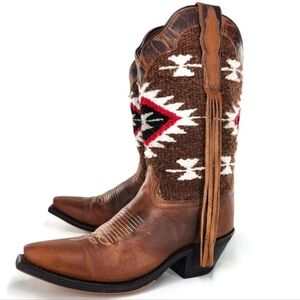 Laredo Bailey Honey Brown Leather Woven Southwestern Print Western Cowboy Boots